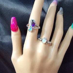 Simulated Opal and Amethyst Silver Plated Claddagh and Art Deco ring Set